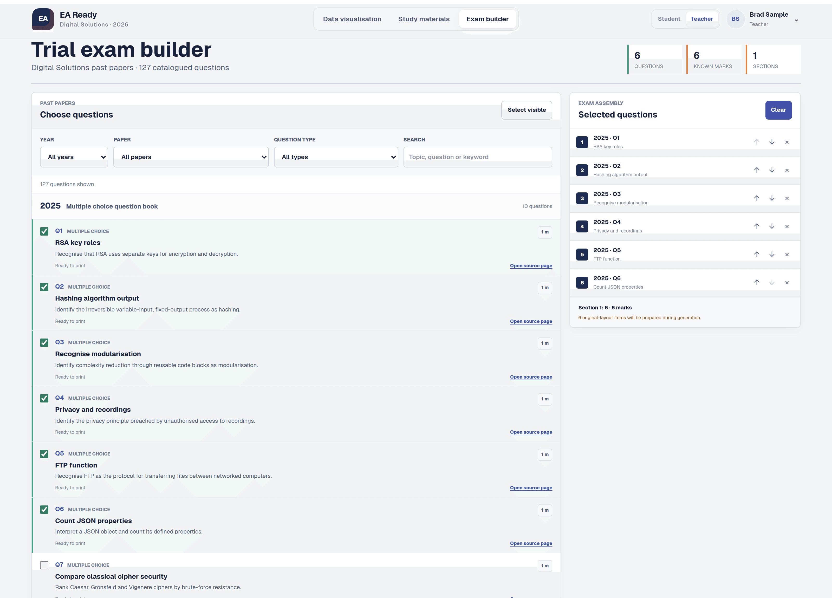 EAReady trial exam builder with a filterable past-paper question library on the left and a selected-questions assembly panel on the right.
