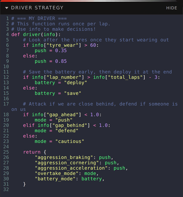 Python driver function using tyre wear, lap number and gaps to set aggression, battery mode and overtaking mode.