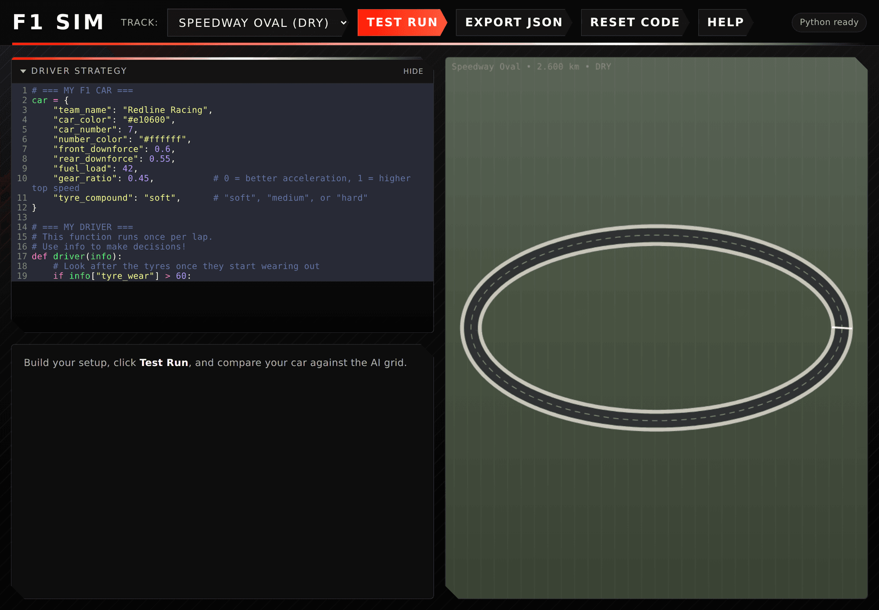 F1 Sim student page with a Python car setup on the left and an animated circuit on the right.