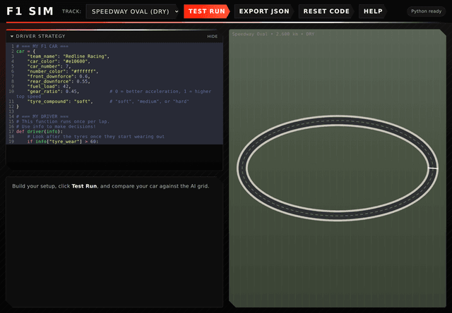 F1 Sim student page with a Python car setup on the left and an animated circuit on the right.