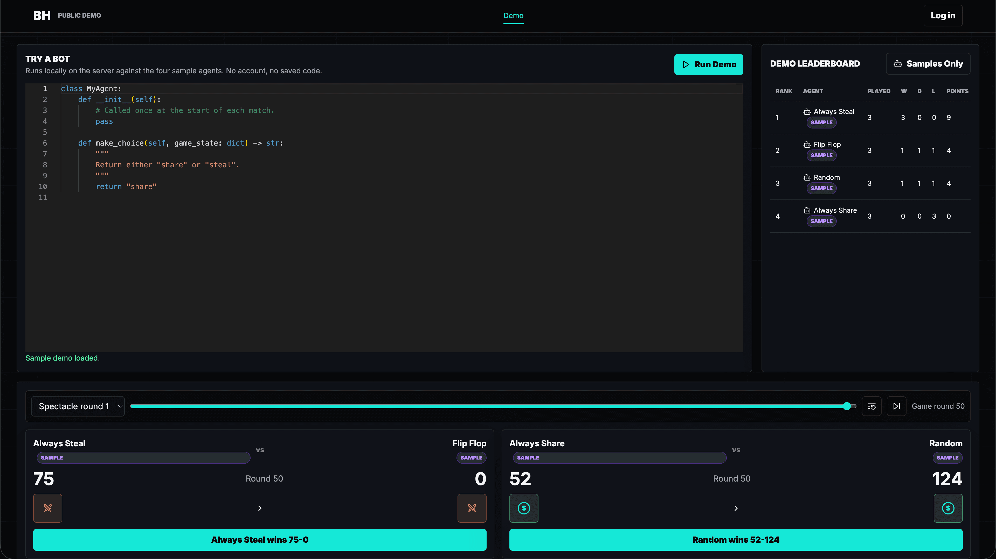 Game Theory web app interface showing the agent code editor and decision history.