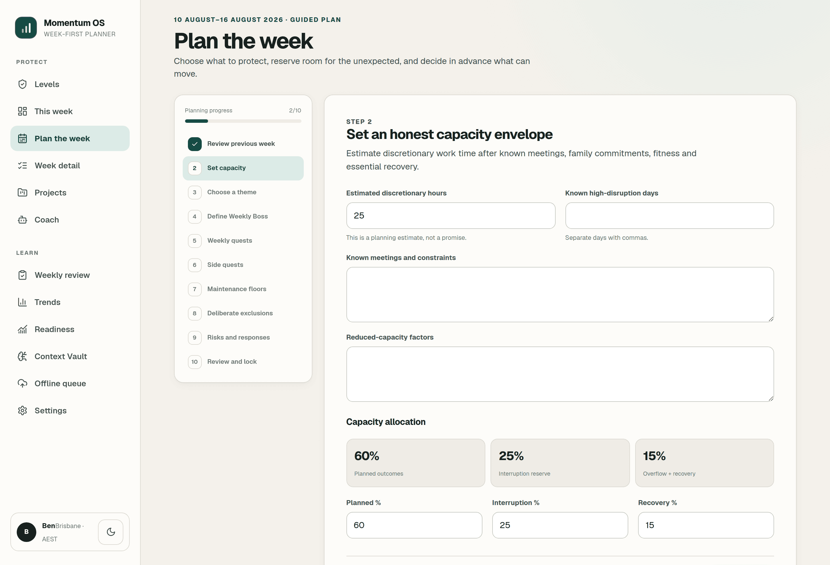 Momentum OS weekly planning wizard on step two, setting discretionary hours and a capacity allocation of 60% planned, 25% interruption reserve and 15% recovery.
