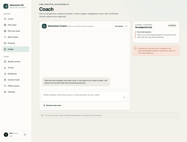Momentum OS coach screen with a mode selector and a notice that proposed database changes wait for explicit approval.