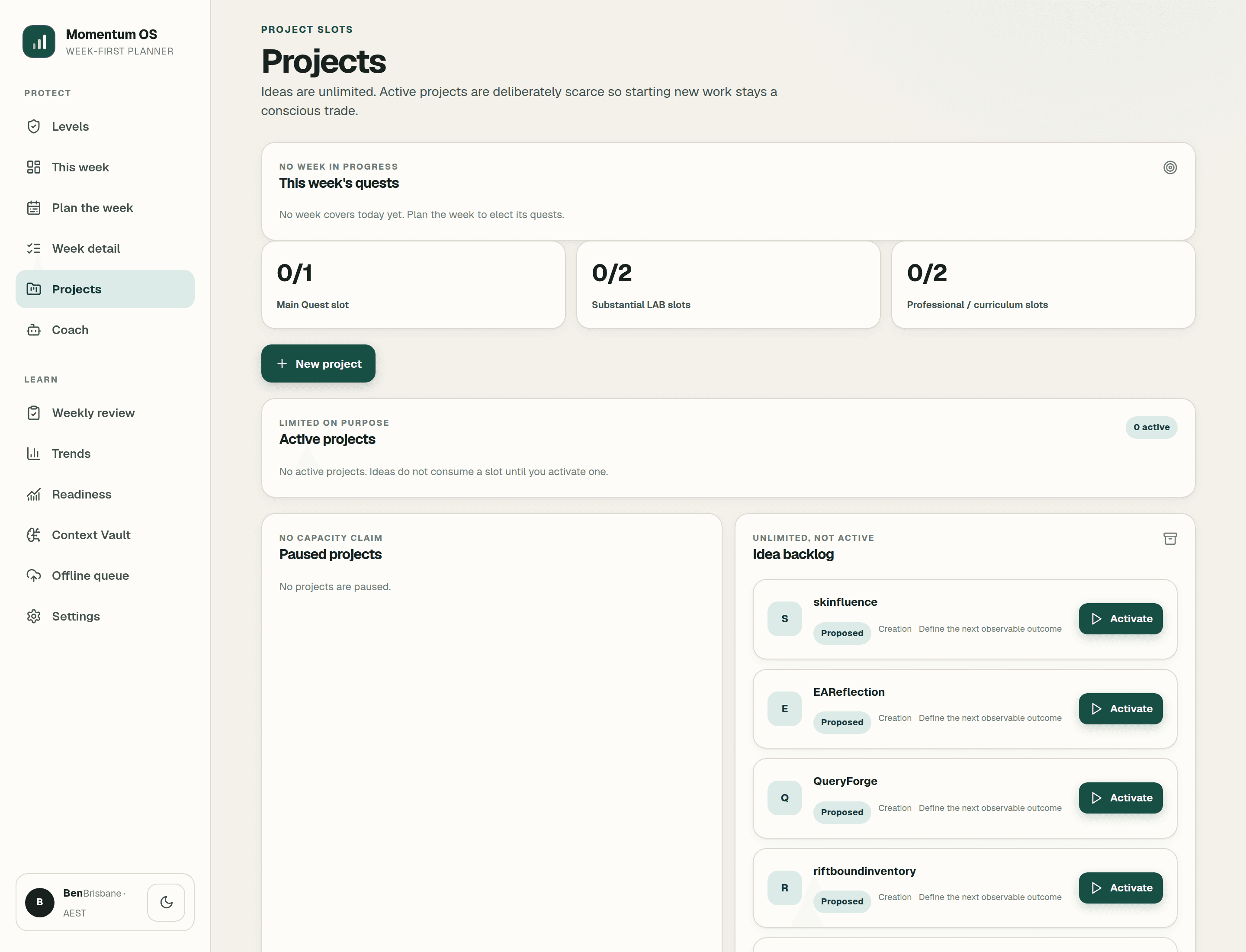 Momentum OS projects board showing limited active project slots and an unlimited idea backlog.