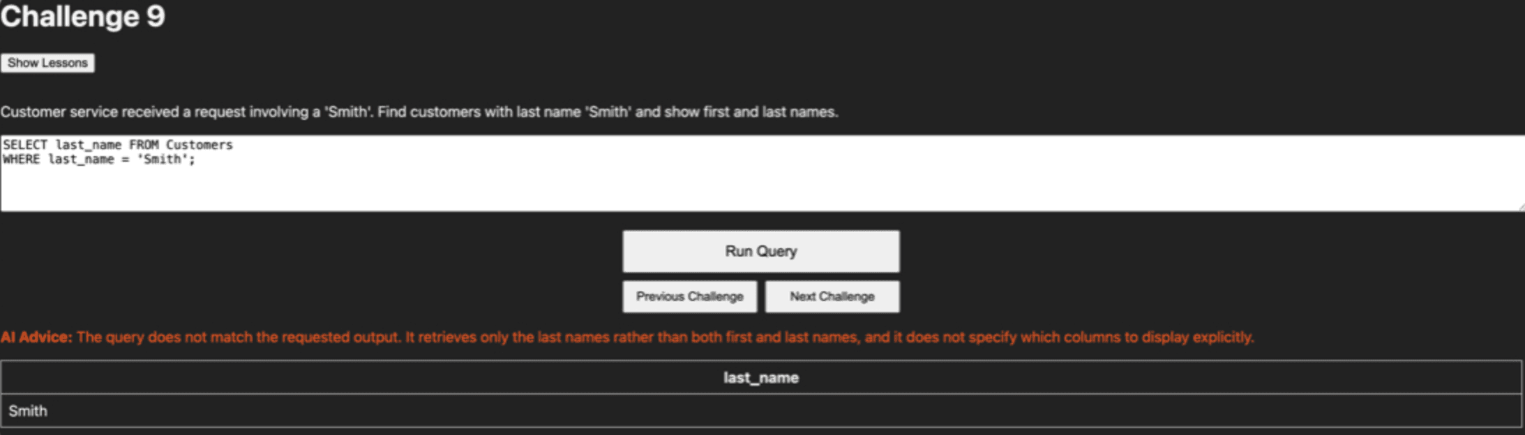QueryForge challenge screen showing AI advice after an incorrect SQL query submission.
