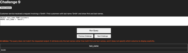 QueryForge AI advice shown after an incorrect SQL query submission.