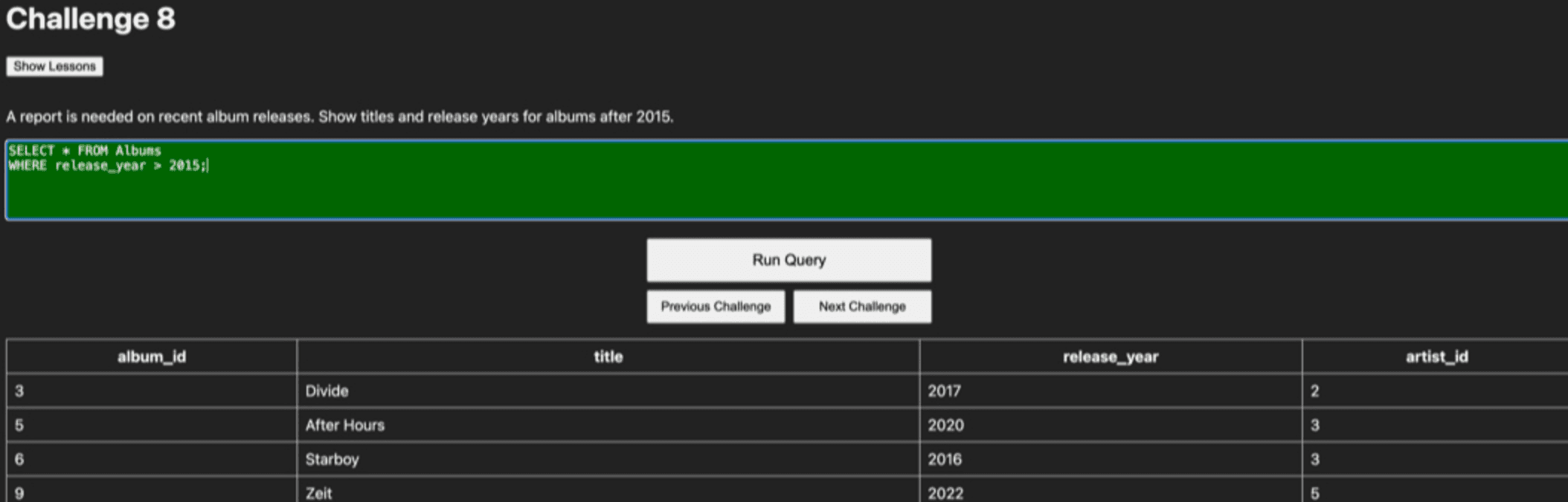 QueryForge challenge screen showing a successful SQL query result.