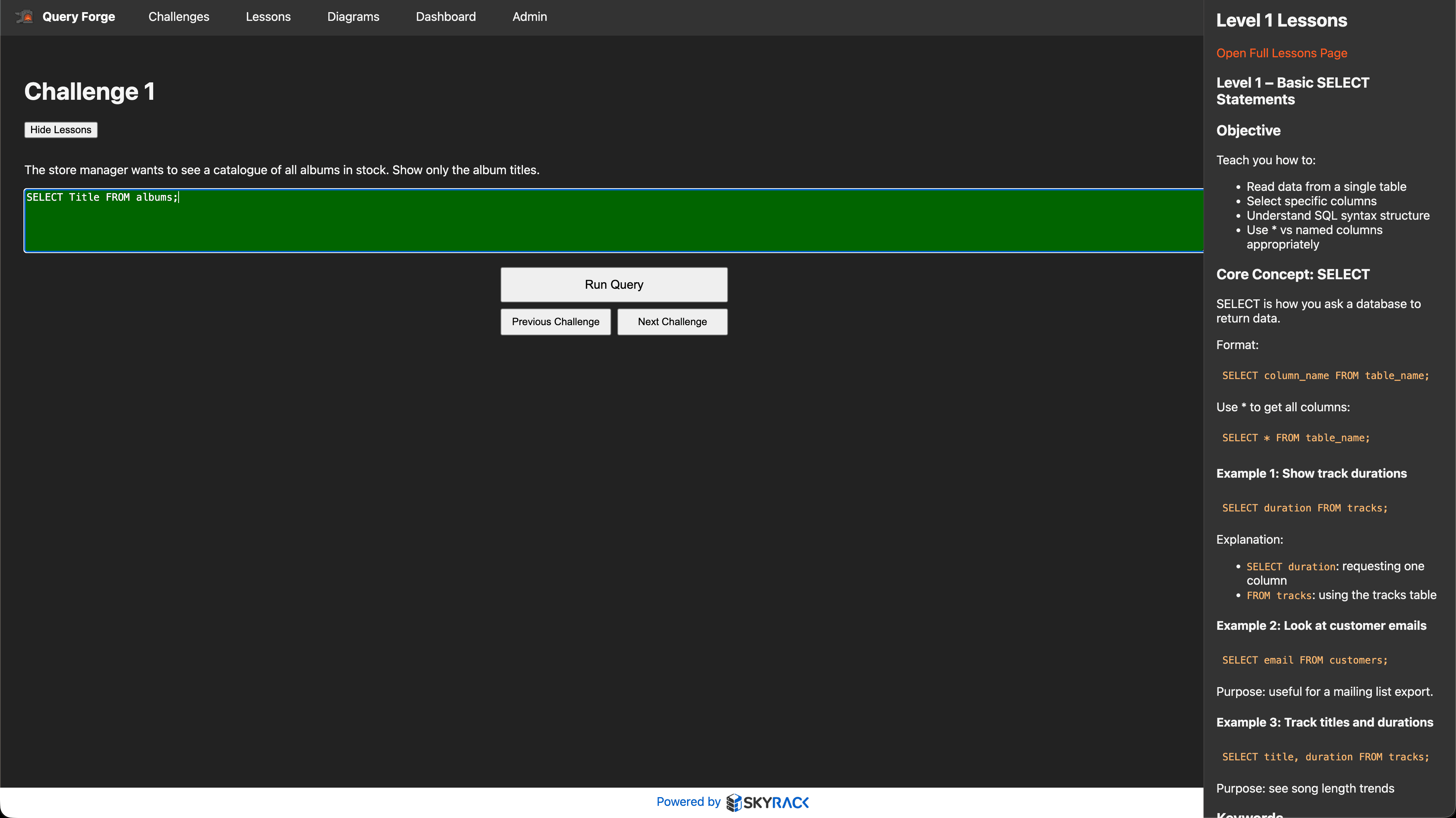 QueryForge challenge screen with SQL editor, prompt, and lesson panel.