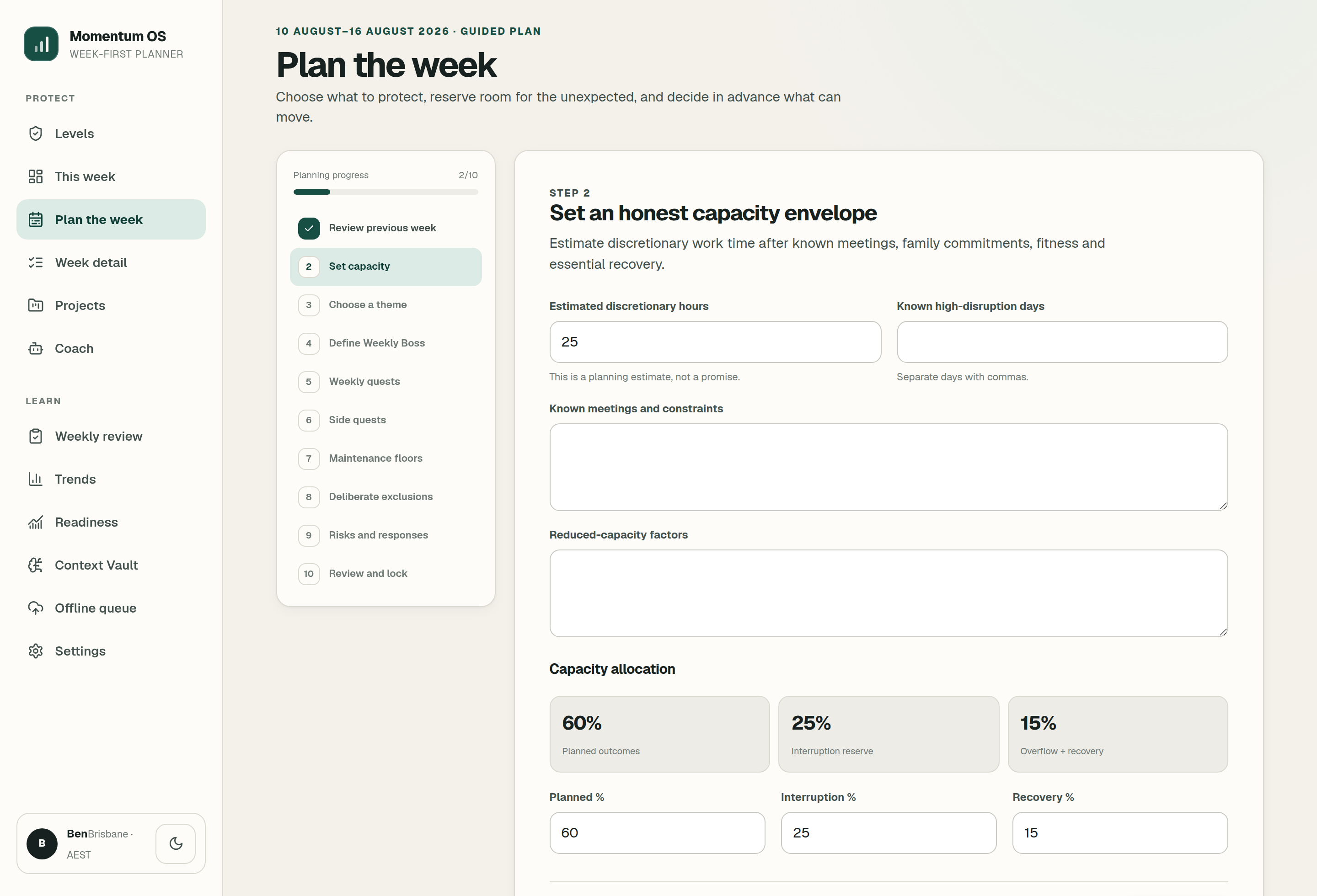 Momentum OS weekly planning wizard on step two, setting discretionary hours and a capacity allocation of 60% planned, 25% interruption reserve and 15% recovery.