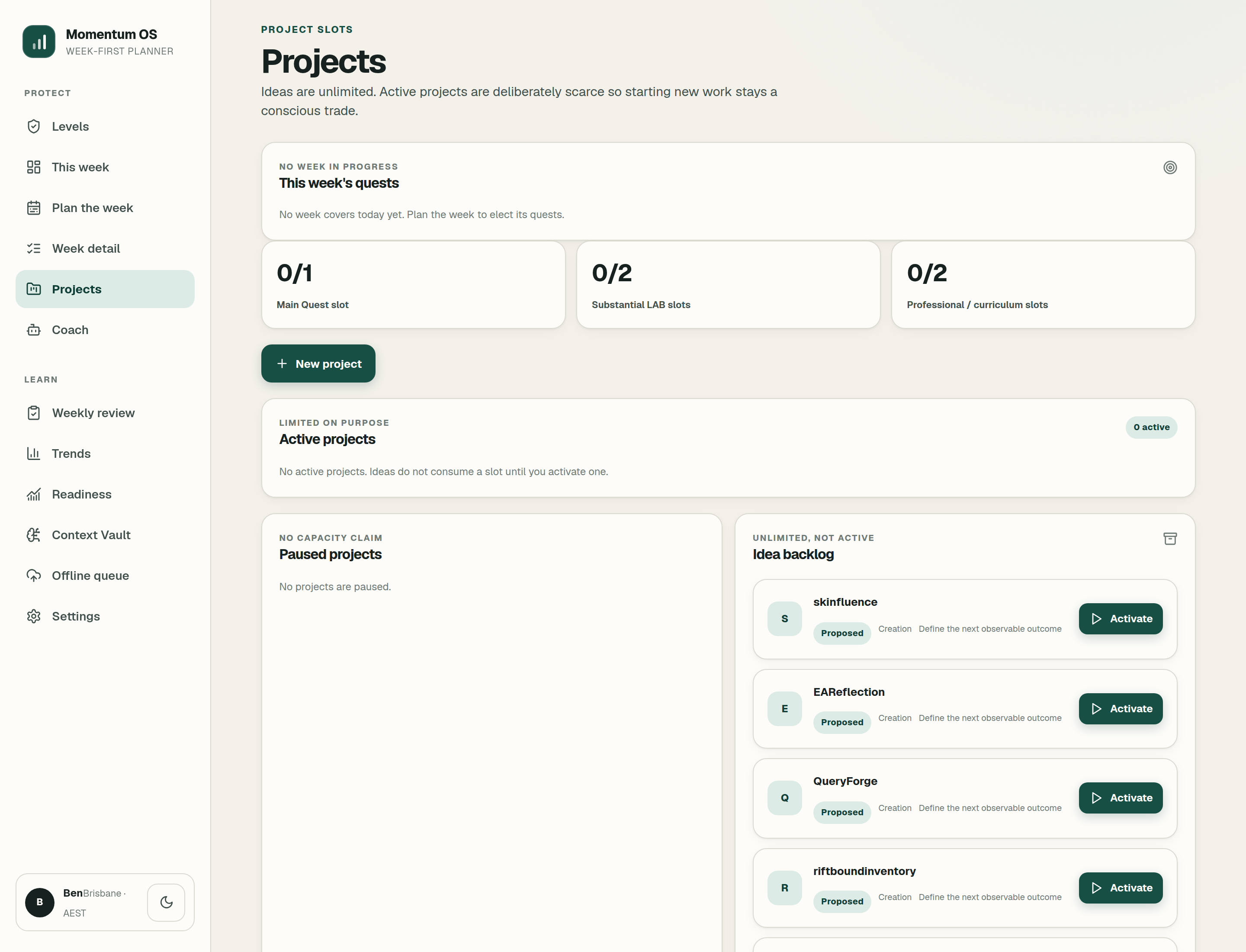 Momentum OS projects board showing limited active project slots and an unlimited idea backlog.