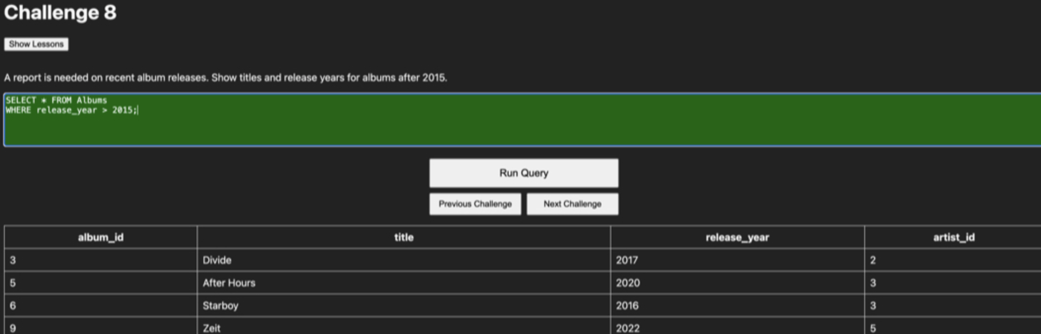 QueryForge correct query result screen showing successful SQL output.